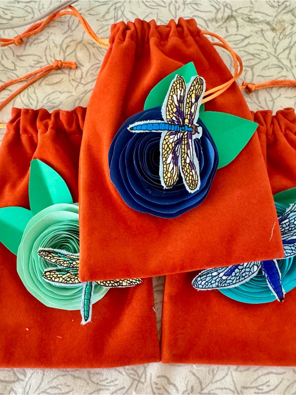 3 Velvet  Gift  Bags w/ 3D Flowers & Dragonflies
